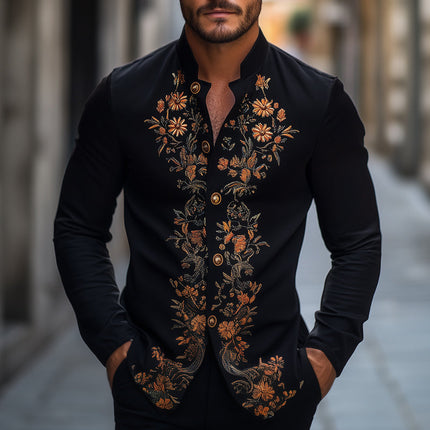 Men's Retro Embroidered Long Sleeve Shirt | Stand Collar | Spring & Autumn Fashion | Vintage Style | Casual & Formal Wear | Button-Up | Comfortable Fabric | Various Sizes | Timeless Look