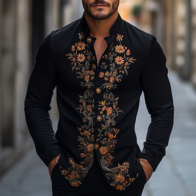 Men's Retro Embroidered Long Sleeve Shirt | Stand Collar | Spring & Autumn Fashion | Vintage Style | Casual & Formal Wear | Button-Up | Comfortable Fabric | Various Sizes | Timeless Look