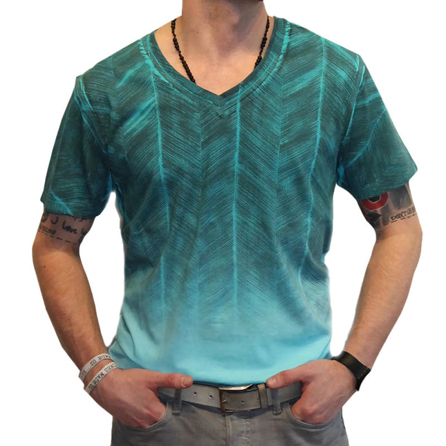 Men's V-neck Gradient T-shirt | Summer Casual | Gradient Print | Short Sleeve | Soft Cotton-Poly Blend | Versatile Style | Easy Care | Available in Sizes Small to 3XL | Perfect for Beach Outings & Casual Wear