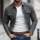 Men's Dark Grey Twill Lapel Jacket | Spring Autumn Outerwear | Classic Design | Full-Length Sleeves | Premium Fabric | Button-Up Closure | Versatile Wardrobe Staple | Multiple Sizes Available