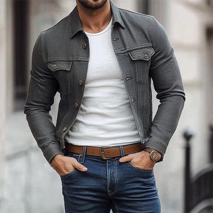 Men's Dark Grey Twill Lapel Jacket | Spring Autumn Outerwear | Classic Design | Full-Length Sleeves | Premium Fabric | Button-Up Closure | Versatile Wardrobe Staple | Multiple Sizes Available
