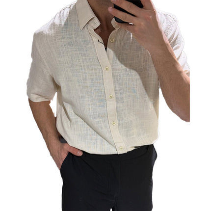 Men's Casual Button-Down Shirt | Cotton Linen Blend | Short Sleeve Lapel Collar | Breathable & Durable | Versatile Fit | Classic Design | Ideal for Casual & Semi-Formal Occasions