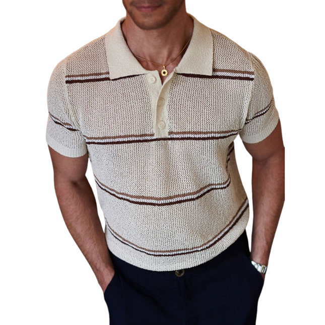 Men's Striped Jacquard Loose Knit Short Sleeve Sweater | Lapel Collar | Casual Wear | Soft Lightweight Fabric | Versatile Style | Multiple Sizes | Comfortable Fit