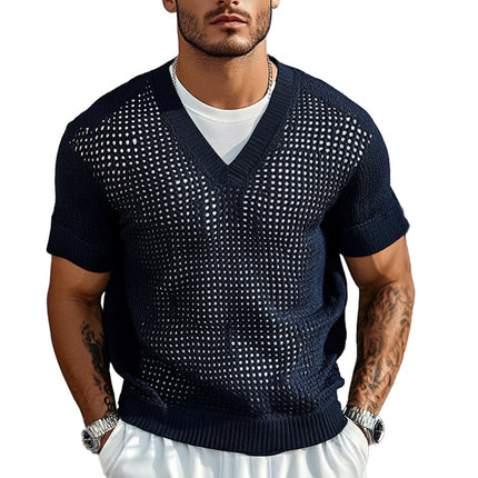 Men's Short Sleeve Sweater | Solid Color | Knitted V-Neck | Casual Semi-Formal Versatile Fit | Breathable Comfort | Classic Timeless Design