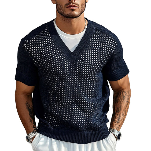 Men's Short Sleeve Sweater | Solid Color | Knitted V-Neck | Casual Semi-Formal Versatile Fit | Breathable Comfort | Classic Timeless Design