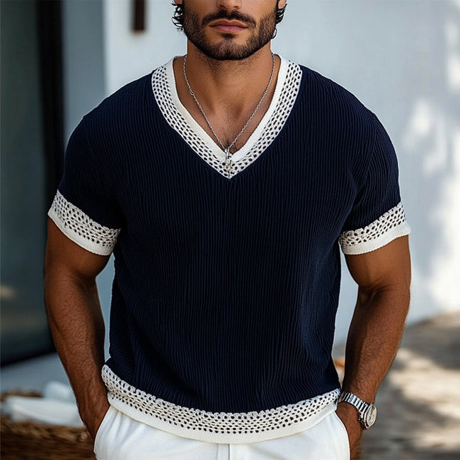Men's V-Neck Contrast Knit Short Sleeve Sweater | Elegant Design | Premium Fabric | Versatile Color | Comfortable & Stylish Wear | Ideal Layering | Casual & Semi-Formal | Fashion for the Modern Man