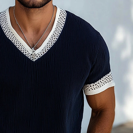 Men's V-Neck Contrast Knit Short Sleeve Sweater | Elegant Design | Premium Fabric | Versatile Color | Comfortable & Stylish Wear | Ideal Layering | Casual & Semi-Formal | Fashion for the Modern Man