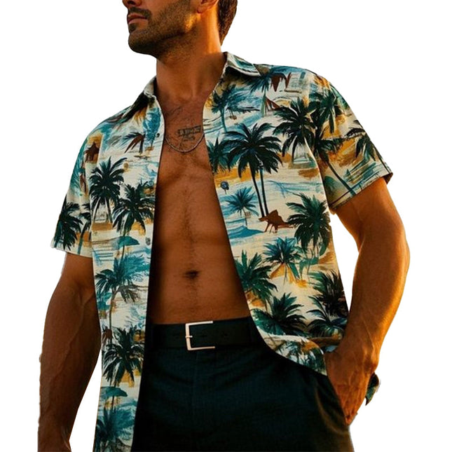 Men's Palm Tree Print V-Neck Shirt | Short Sleeve | Tropical Summer Style | Casual Outings & Beach Trips | Breathable Comfort | Vibrant Design | Perfect for Summer Parties