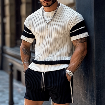 Men's Contrast Color Sweater Shorts Set | Casual Round Neck Short Sleeve Top | Elastic Waist Shorts | Loose Fit | Breathable Fabric | Versatile Lounge Wear | Stylish Comfort for Casual Outings