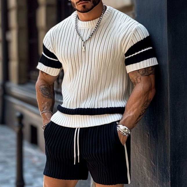 Men's Contrast Color Sweater Shorts Set | Casual Round Neck Short Sleeve Top | Elastic Waist Shorts | Loose Fit | Breathable Fabric | Versatile Lounge Wear | Stylish Comfort for Casual Outings
