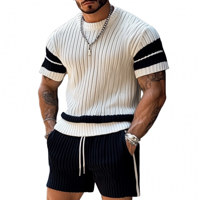 Men's Contrast Color Sweater Shorts Set | Casual Round Neck Short Sleeve Top | Elastic Waist Shorts | Loose Fit | Breathable Fabric | Versatile Lounge Wear | Stylish Comfort for Casual Outings