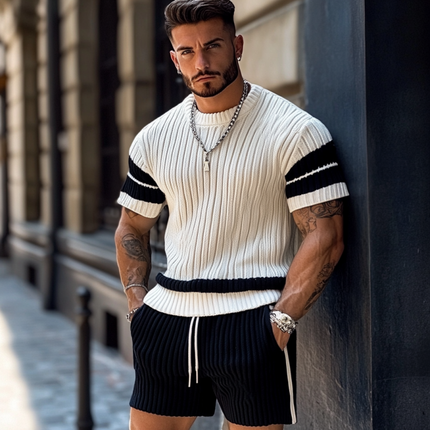 Men's Contrast Color Sweater Shorts Set | Casual Round Neck Short Sleeve Top | Elastic Waist Shorts | Loose Fit | Breathable Fabric | Versatile Lounge Wear | Stylish Comfort for Casual Outings