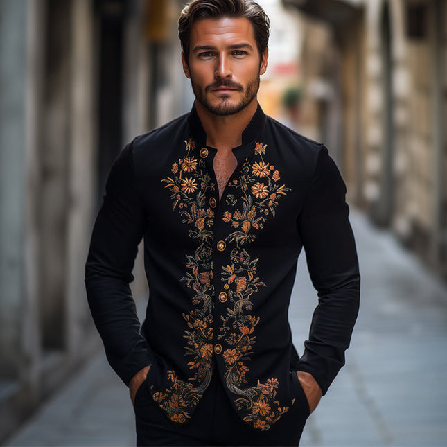 Men's Retro Embroidered Long Sleeve Shirt | Stand Collar | Spring & Autumn Fashion | Vintage Style | Casual & Formal Wear | Button-Up | Comfortable Fabric | Various Sizes | Timeless Look