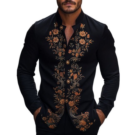 Men's Retro Embroidered Long Sleeve Shirt | Stand Collar | Spring & Autumn Fashion | Vintage Style | Casual & Formal Wear | Button-Up | Comfortable Fabric | Various Sizes | Timeless Look