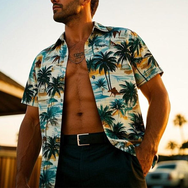 Men's Palm Tree Print V-Neck Shirt | Short Sleeve | Tropical Summer Style | Casual Outings & Beach Trips | Breathable Comfort | Vibrant Design | Perfect for Summer Parties