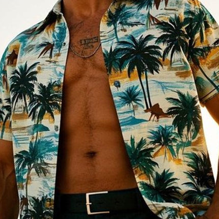Men's Palm Tree Print V-Neck Shirt | Short Sleeve | Tropical Summer Style | Casual Outings & Beach Trips | Breathable Comfort | Vibrant Design | Perfect for Summer Parties