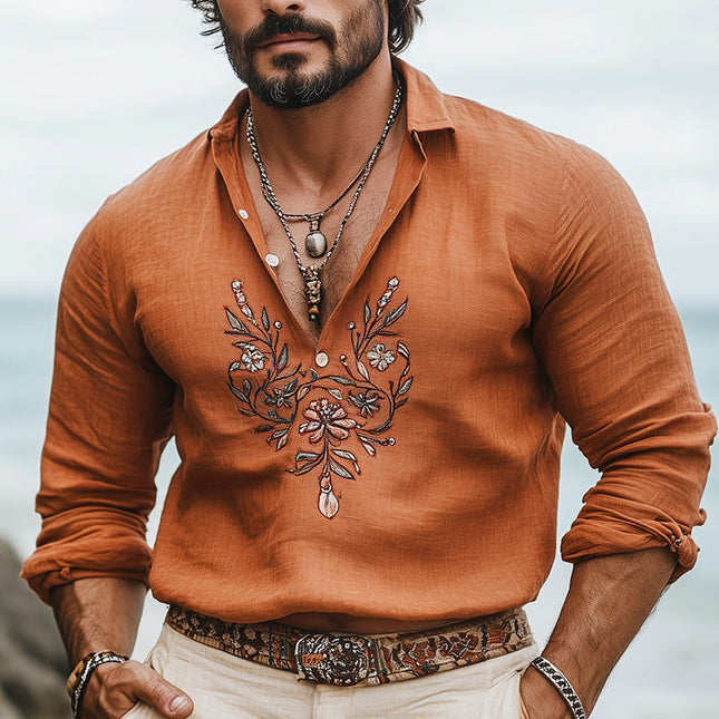 Men's Vintage Long Sleeve Shirt | Embroidered Casual Top | Classic Style | Comfortable Fabric | Dress Shirt | Perfect for Smart Casual | Versatile Wardrobe Addition