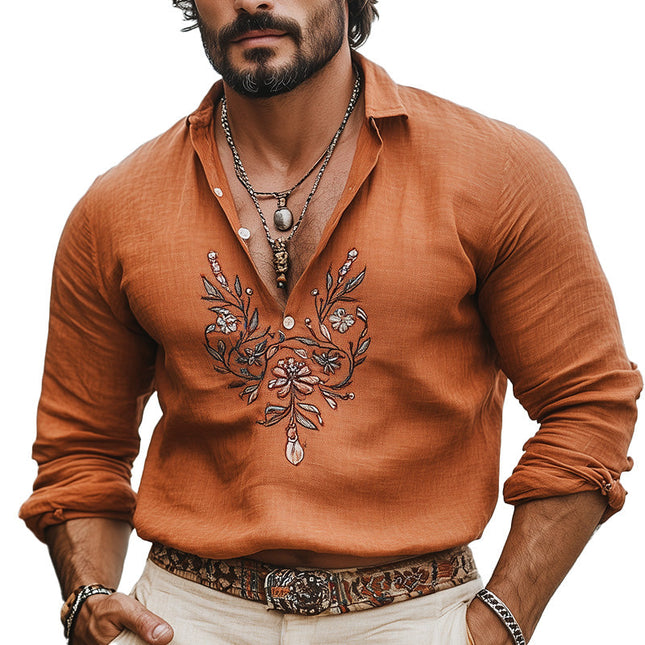 Men's Vintage Long Sleeve Shirt | Embroidered Casual Top | Classic Style | Comfortable Fabric | Dress Shirt | Perfect for Smart Casual | Versatile Wardrobe Addition