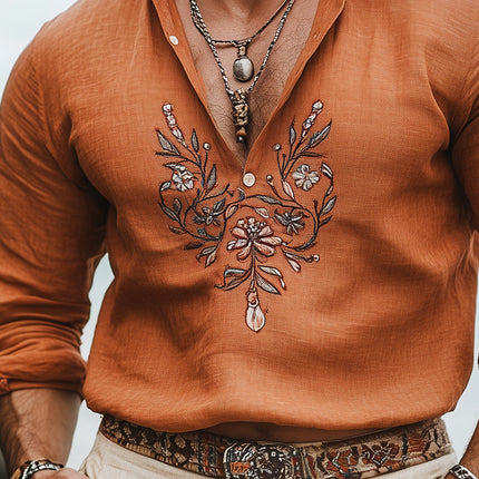 Men's Vintage Long Sleeve Shirt | Embroidered Casual Top | Classic Style | Comfortable Fabric | Dress Shirt | Perfect for Smart Casual | Versatile Wardrobe Addition