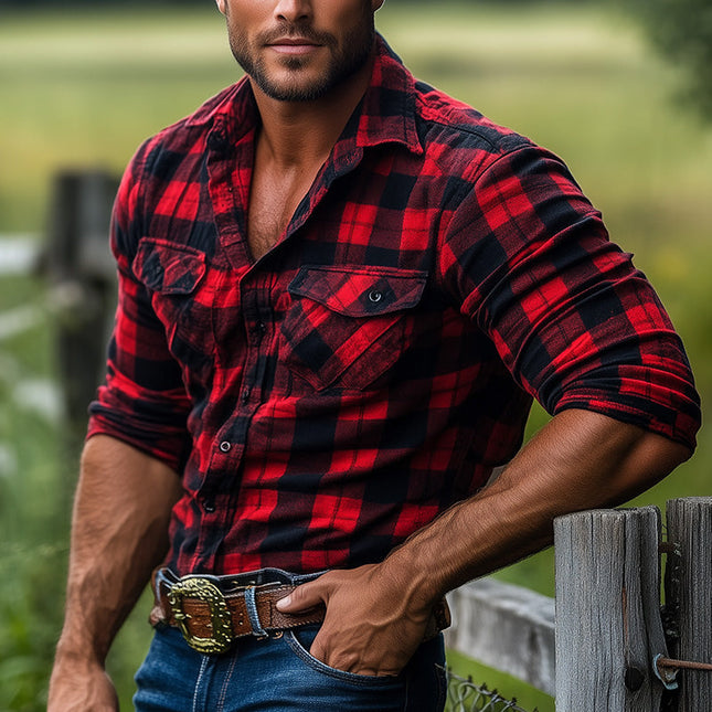 Men's Retro Red Plaid Long Sleeve Shirt | Classic Style | Contemporary Comfort | High-Quality Cotton | Tailored Fit | Adjustable Cuffs | Sturdy Button Closure | Versatile Fashion | Timeless Fashion