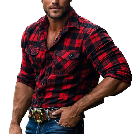 Men's Retro Red Plaid Long Sleeve Shirt | Classic Style | Contemporary Comfort | High-Quality Cotton | Tailored Fit | Adjustable Cuffs | Sturdy Button Closure | Versatile Fashion | Timeless Fashion
