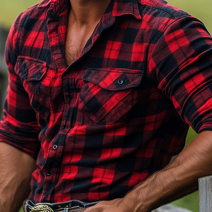Men's Retro Red Plaid Long Sleeve Shirt | Classic Style | Contemporary Comfort | High-Quality Cotton | Tailored Fit | Adjustable Cuffs | Sturdy Button Closure | Versatile Fashion | Timeless Fashion