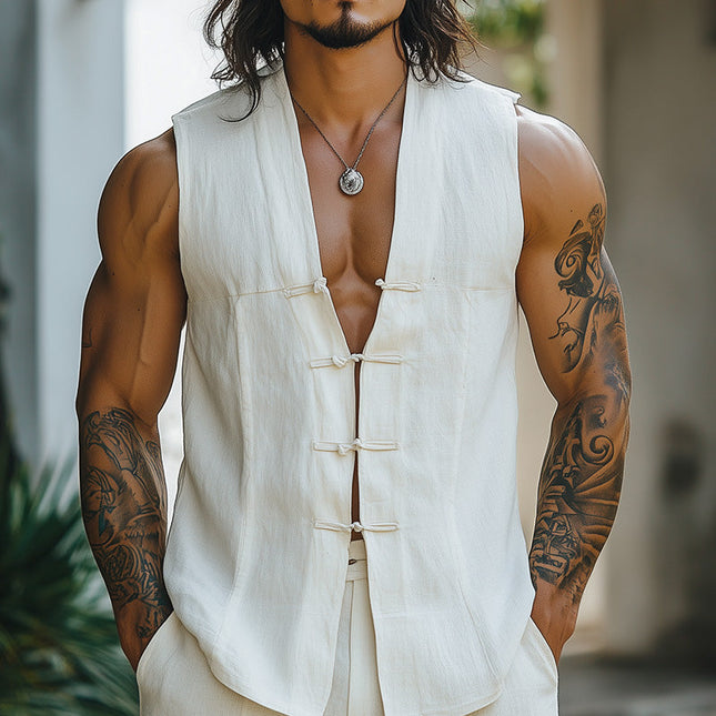 Men's Vest | Chinese Button Closure | Fashion-Forward Design | Minimalist Style | High-Quality Fabric | Versatile Fit | Traditional Elegance | Suitable for Casual and Formal Wear