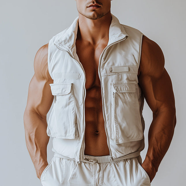 Men's Cargo Vest | Solid Color | Multi-Pocket Utility | Durable Outdoor Wear | Casual Stylish Outerwear | Adjustable Fit | Versatile Fashion Essential | Perfect for Hiking and Everyday Use