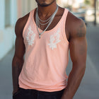 Men's Embroidered Pink Tank Top | Summer Casual Round Neck | Sleeveless Beach Wear | Comfortable Lightweight Fabric | Warm Weather Style