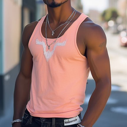 Men's Embroidered Tank Top | Summer Casual Style | Round Neck Sleeveless Shirt | Soft Pink Color | Lightweight Fabric | Comfortable Fit for Warm Weather | Trendy Fashion Statement