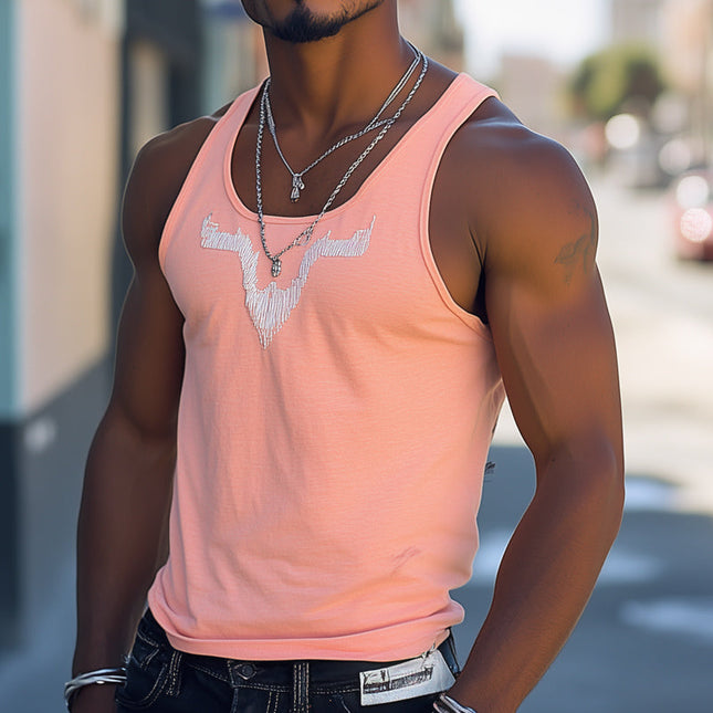 Men's Embroidered Tank Top | Summer Casual Style | Round Neck Sleeveless Shirt | Soft Pink Color | Lightweight Fabric | Comfortable Fit for Warm Weather | Trendy Fashion Statement