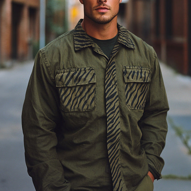 Men's Long Sleeve Shirt | Army Green | Splicing Printed | Casual & Semi-Formal | Transitional Seasons | Modern Style | High-Quality Blend | Comfortable & Durable | Perfect for Spring & Autumn