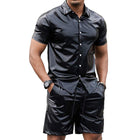 Men's Shiny PU Leather Short Sleeve Shirt & Shorts Set | Black | Fashion-Forward | Modern Fit | Glossy Finish | Evening Events | Comfortable & Flattering | Elastic Waistband | Various Sizes | Clubbing | Night Out