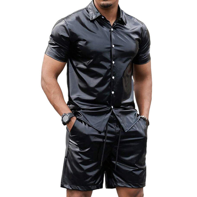 Men's Shiny PU Leather Short Sleeve Shirt & Shorts Set | Black | Fashion-Forward | Modern Fit | Glossy Finish | Evening Events | Comfortable & Flattering | Elastic Waistband | Various Sizes | Clubbing | Night Out
