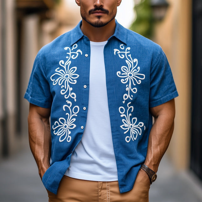 Men's Cotton Shirt | Vintage Embroidered Short Sleeve | Casual Wear | Breathable Fabric | Classic Spread Collar | Versatile Style | Artistic Detailing | Ideal for Warm Weather | Perfect for Gatherings & Outings