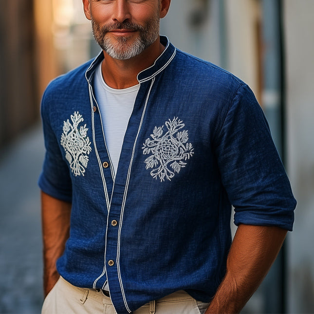 Men's Navy Blue Cotton Linen Shirt | Vintage Embroidered Long-Sleeve | Casual Dress Shirt | Button-Down Collar | Breathable Fabric | Classic Modern Blend | Versatile Style