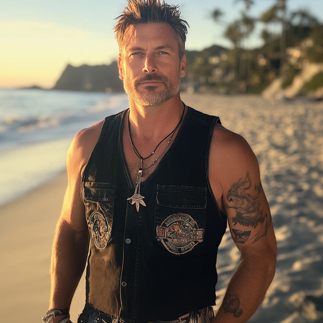 Men's Retro Washed Distressed Denim Vest | Sleeveless Summer Outerwear | Embroidered Vintage Style | Breathable Lightweight Fabric | Casual Music Festival Clothing | Edgy Fashion Statement