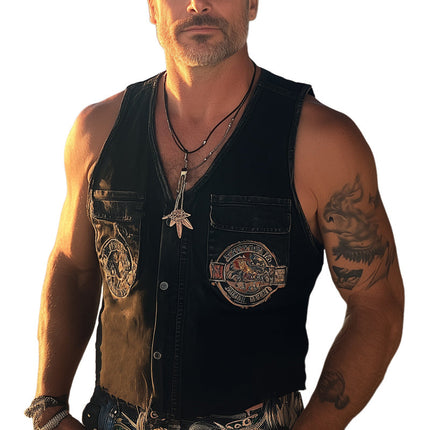 Men's Retro Washed Distressed Denim Vest | Sleeveless Summer Outerwear | Embroidered Vintage Style | Breathable Lightweight Fabric | Casual Music Festival Clothing | Edgy Fashion Statement