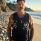 Men's Denim Tank Top | Retro Washed Distressed | Embroidered Details | Sleeveless Summer Fashion | Scoop Neckline | Vintage Style | Casual Wear | Lightweight and Breathable | High Quality Cotton | Size Options Available