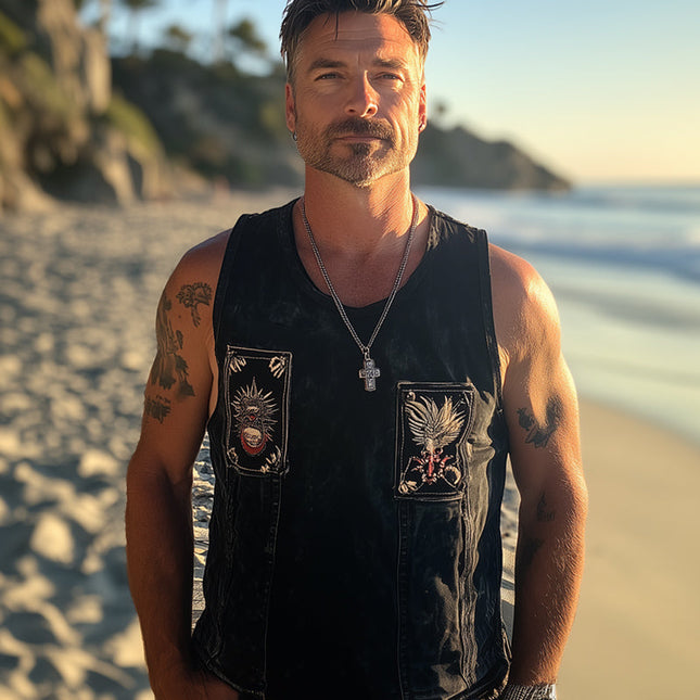 Men's Denim Tank Top | Retro Washed Distressed | Embroidered Details | Sleeveless Summer Fashion | Scoop Neckline | Vintage Style | Casual Wear | Lightweight and Breathable | High Quality Cotton | Size Options Available