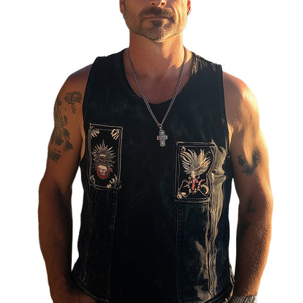 Men's Denim Tank Top | Retro Washed Distressed | Embroidered Details | Sleeveless Summer Fashion | Scoop Neckline | Vintage Style | Casual Wear | Lightweight and Breathable | High Quality Cotton | Size Options Available