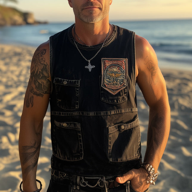 Men's Retro Washed Distressed Denim Tank Top | Embroidered Summer Sleeveless Shirt | Vintage Style Scoop Neck | Casual Festival Apparel | Breathable Lightweight Fabric | Unique Fashion Statement