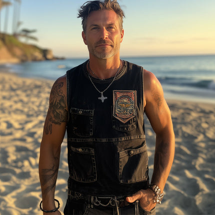 Men's Retro Washed Distressed Denim Tank Top | Embroidered Summer Sleeveless Shirt | Vintage Style Scoop Neck | Casual Festival Apparel | Breathable Lightweight Fabric | Unique Fashion Statement