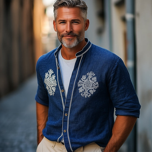 Men's Navy Blue Cotton Linen Shirt | Vintage Embroidered Long-Sleeve | Casual Dress Shirt | Button-Down Collar | Breathable Fabric | Classic Modern Blend | Versatile Style