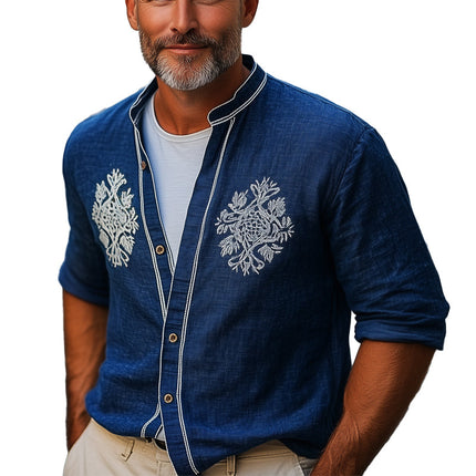 Men's Navy Blue Cotton Linen Shirt | Vintage Embroidered Long-Sleeve | Casual Dress Shirt | Button-Down Collar | Breathable Fabric | Classic Modern Blend | Versatile Style
