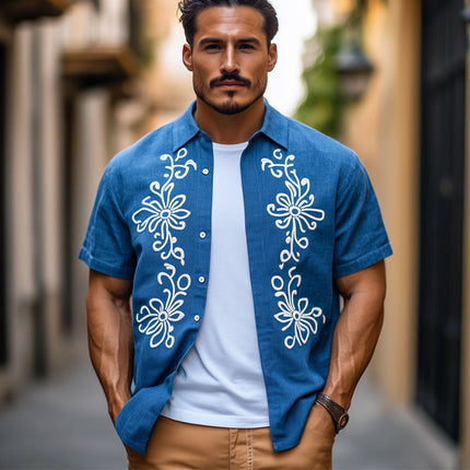 Men's Cotton Shirt | Vintage Embroidered Short Sleeve | Casual Wear | Breathable Fabric | Classic Spread Collar | Versatile Style | Artistic Detailing | Ideal for Warm Weather | Perfect for Gatherings & Outings