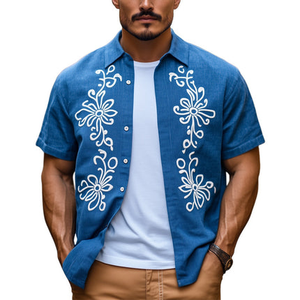 Men's Cotton Shirt | Vintage Embroidered Short Sleeve | Casual Wear | Breathable Fabric | Classic Spread Collar | Versatile Style | Artistic Detailing | Ideal for Warm Weather | Perfect for Gatherings & Outings