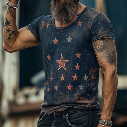 Men's Retro Star Universe Print T-Shirt | Round Neck Short Sleeve | Casual Vintage Style | Breathable Cotton | Sizes S-3XL | Ideal for Everyday Wear & Outdoor Activities | Nostalgic Design