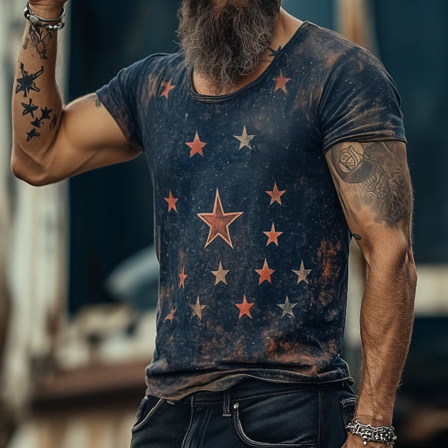 Men's Retro Star Universe Print T-Shirt | Round Neck Short Sleeve | Casual Vintage Style | Breathable Cotton | Sizes S-3XL | Ideal for Everyday Wear & Outdoor Activities | Nostalgic Design