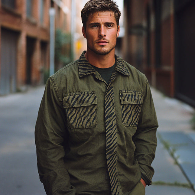 Men's Long Sleeve Shirt | Army Green | Splicing Printed | Casual & Semi-Formal | Transitional Seasons | Modern Style | High-Quality Blend | Comfortable & Durable | Perfect for Spring & Autumn